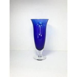 Cobalt Blue Optic Footed Trumpet Glass Vase, 11” Vintage 1970’s Contemporary